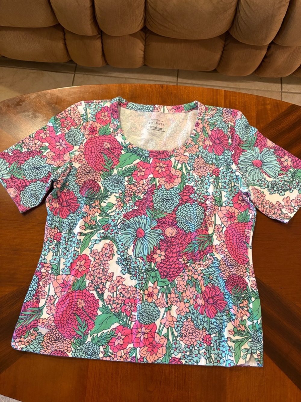 Talbots Women’s Floral Crewneck Women's Top in Pink & Mint - Comfort Stretch